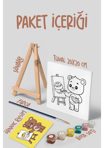 Ressam Ayı Temalı Çocuk Şövale Tuval Boyama Seti | Ahşap Şövale+Tuval+6 Renk Akrilik Boya+Fırça modelleri