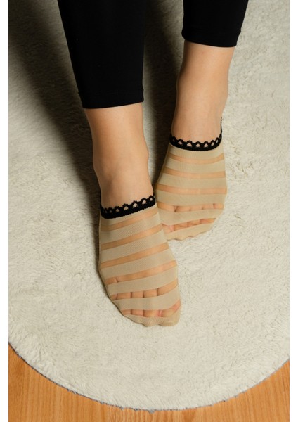 Dantel Ağızlı Şerit Desenli Kadın Ince Babet Çorabı 35-37