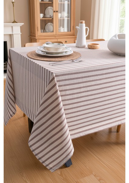Kahverengi Çizgili Keten Masa Örtüsü 160X220 cm - Yumuşak Dokulu