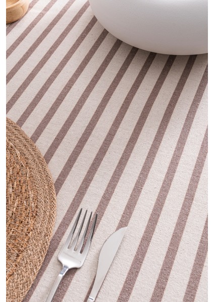 Kahverengi Çizgili Keten Masa Örtüsü 160X220 cm - Yumuşak Dokulu fiyatları