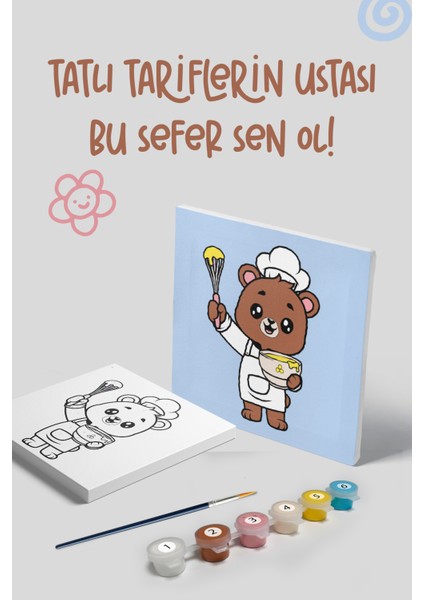 Şef Ayı Temalı Çocuk Tuval Boyama Seti | Tuval + 6 Renk Akrilik Boya + Fırça