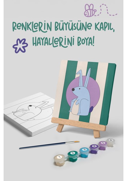 Tavşan Temalı Çocuk Şövale Tuval Boyama Seti | Ahşap Şövale+Tuval+6 Renk Akrilik Boya+Fırça