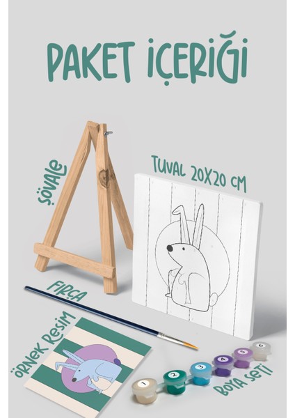 Tavşan Temalı Çocuk Şövale Tuval Boyama Seti | Ahşap Şövale+Tuval+6 Renk Akrilik Boya+Fırça modelleri