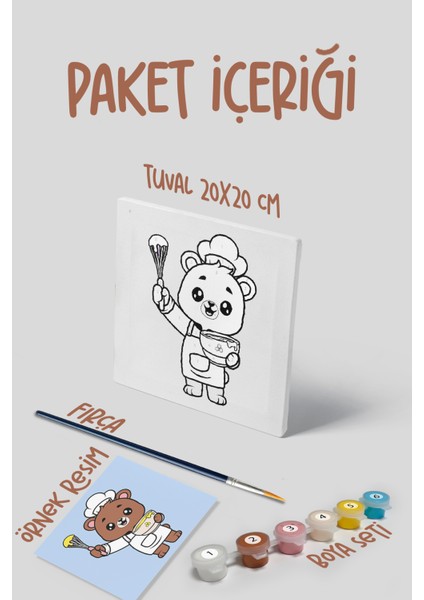 Şef Ayı Temalı Çocuk Tuval Boyama Seti | Tuval + 6 Renk Akrilik Boya + Fırça modelleri
