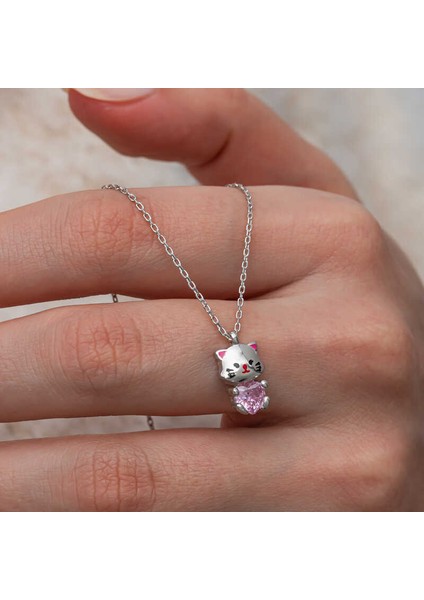 Gümüş Pembe Taşlı Sevimli Kedi Kadın Kolye fiyatları