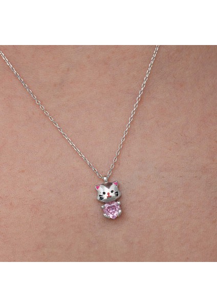 Gümüş Pembe Taşlı Sevimli Kedi Kadın Kolye fırsatları