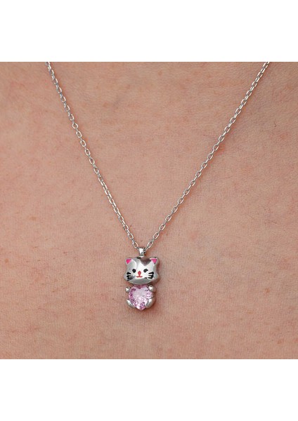 Gümüş Pembe Taşlı Sevimli Kedi Kadın Kolye indirimleri
