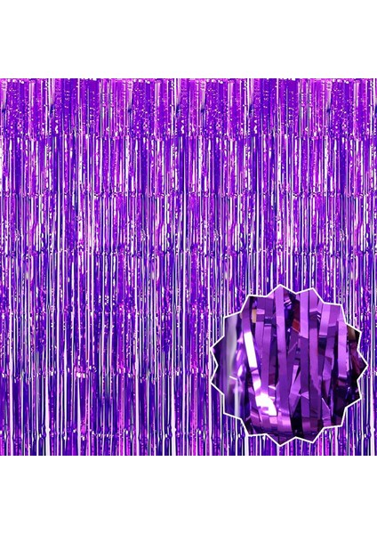 Mor Renk Ekstra Metalize Parlak Saçaklı Arka Fon Perde Ithal 1x2 Metre
