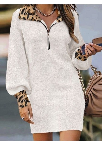 Kadın Uzun Kollu Yakalı Önden Fermuarlı Leopar Detaylı Mini Peluş Elbise fırsatları