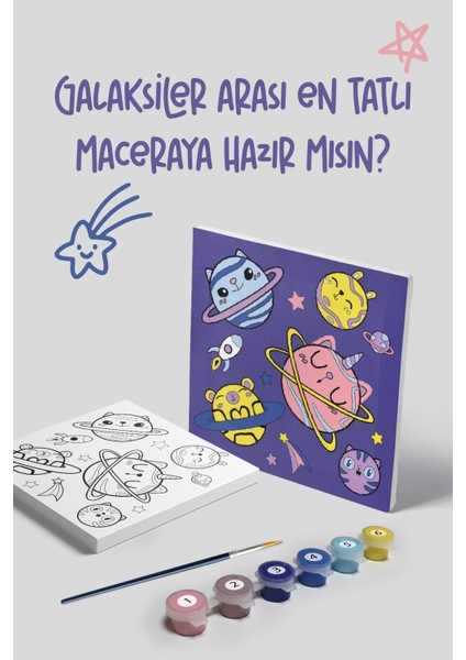Galaksi Temalı Çocuk Tuval Boyama Seti | Tuval + 6 Renk Akrilik Boya + Fırça