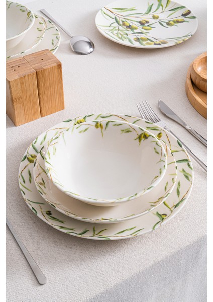 Olive 48 Parça 12 Kişilik Premium Porselen Yemek Takımı – Akdeniz Zeytin Desenli