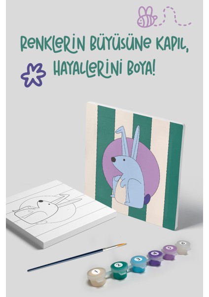 Tavşan Temalı Çocuk Tuval Boyama Seti | Tuval + 6 Renk Akrilik Boya + Fırça
