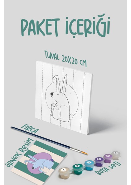 Tavşan Temalı Çocuk Tuval Boyama Seti | Tuval + 6 Renk Akrilik Boya + Fırça modelleri
