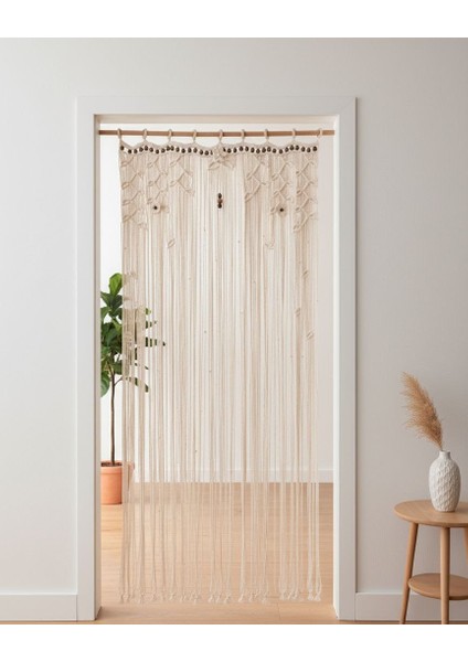 El Yapımı Yapraklı Pamuk Makrome Kapı Perdesi - Doğal Ahşap Boncuklu Dekor