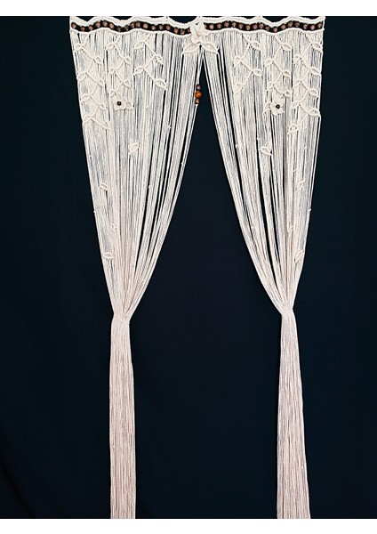 El Yapımı Yapraklı Pamuk Makrome Kapı Perdesi - Doğal Ahşap Boncuklu Dekor