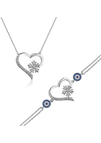 925 Ayar Gümüş Kalp Kar Tanesi Set