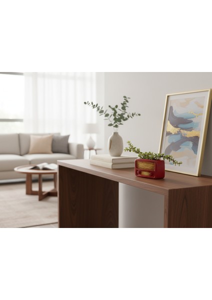 Retro Radyo Sukulent Saksısı ve Kalemlik - Masaüstü Dekoratif Organizer Kırmızı 12*8