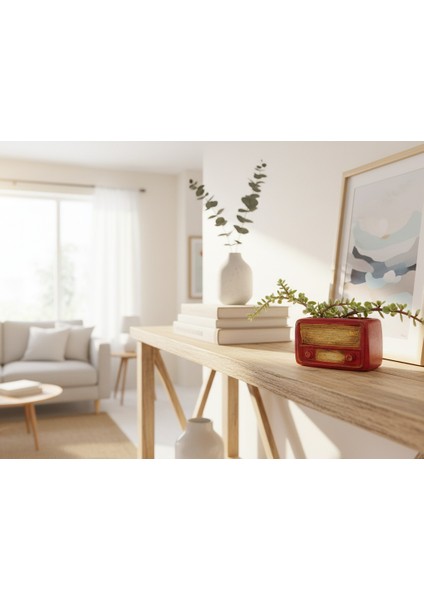 Retro Radyo Sukulent Saksısı ve Kalemlik - Masaüstü Dekoratif Organizer Kırmızı 12*8 modelleri