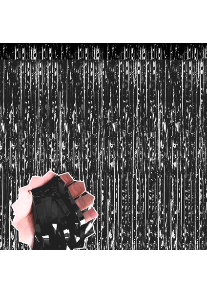 Siyah Renk Ekstra Metalize Parlak Saçaklı Arka Fon Perde Ithal 1x2 Metre