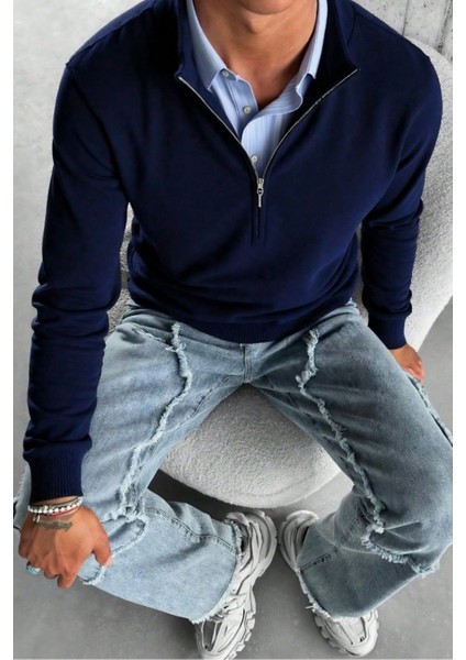 Erkek Lacivert Regular Fit Yarım Pat Fermuarlı Yaka Triko Kazak