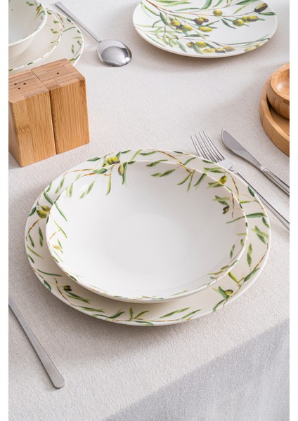 Olive 20 cm Yemek Tabağı 6’lı Set – Premium Porselen, Zeytin Desenli