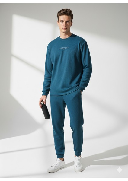 Unısex Fitilli Bisiklet Yaka Uzun Kollu Baskılı 2'li Takım