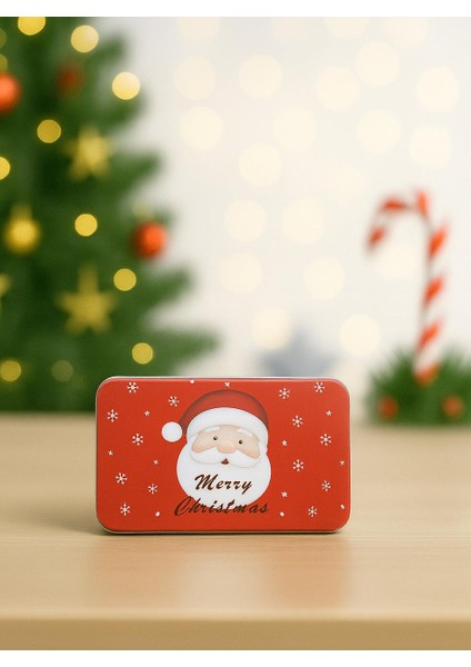 Yılbaşı Temalı Mini Dikdörtgen Teneke Kutu Noel Baba Desenli Kırmızı 11 cm