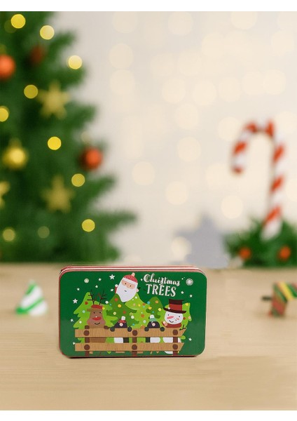 Yılbaşı Temalı Mini Dikdörtgen Teneke Kutu Çam Ağacı Desenli Yeşil 11 cm