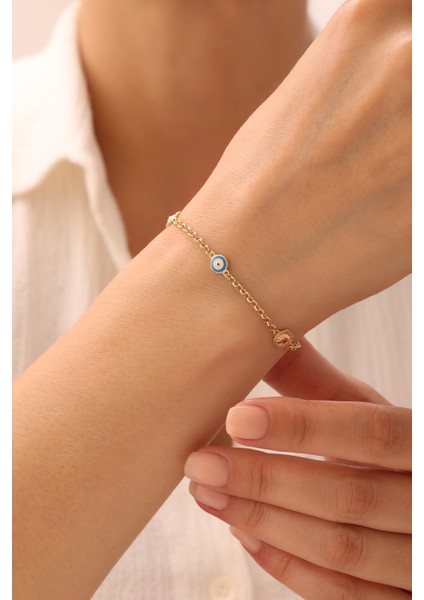 14 Ayar Altın Aslan Figürlü Nazar Boncuklu Çocuk Bilekliği