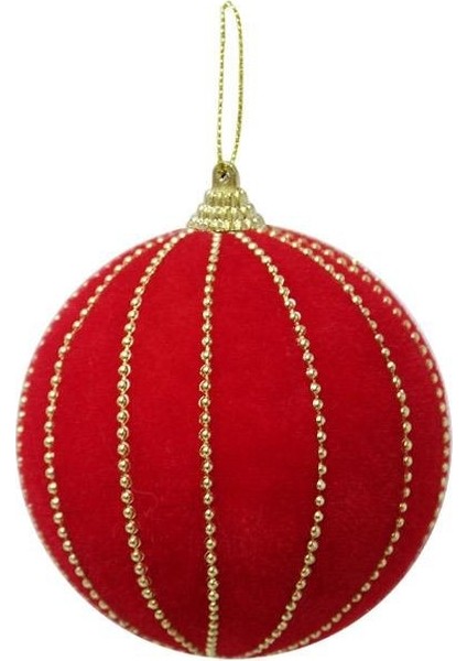 Kadife Yılbaşı Topu – Altın Boncuk Detaylı Çam Ağacı Süsü Kırmızı 10 cm 2'li modelleri