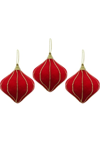 Kadife Yılbaşı Topu – Altın Boncuk Detaylı Damla Çam Ağacı Süsü Kırmızı 8 cm 3'lü fiyatları