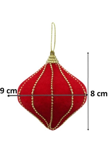 Kadife Yılbaşı Topu – Altın Boncuk Detaylı Damla Çam Ağacı Süsü Kırmızı 8 cm 3'lü modelleri