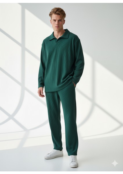 Unisex Fitilli Gömlek Yaka Uzun Kol Cepli Beli Lastikli 2'li Takım