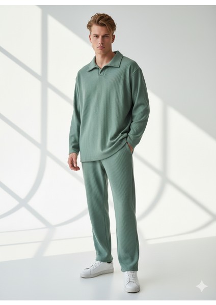 Unisex Fitilli Gömlek Yaka Uzun Kol Cepli Beli Lastikli 2'li Takım