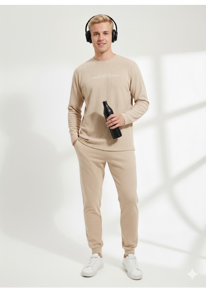 Unısex Fitilli Bisiklet Yaka Uzun Kollu Baskılı 2'li Takım