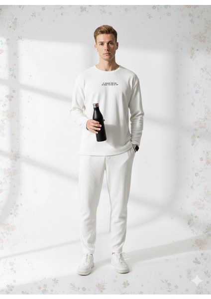 Unısex Fitilli Bisiklet Yaka Uzun Kollu Baskılı 2'li Takım