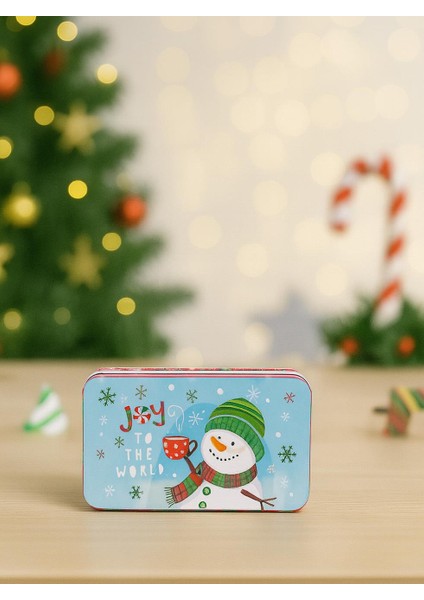 Yılbaşı Temalı Mini Dikdörtgen Teneke Kutu Kardan Adam Desenli Yeşil 11 cm