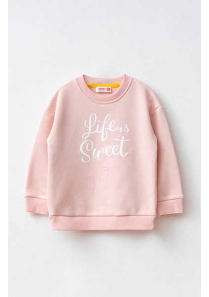 Kız Çocuk Baskılı Sweatshirt Pudra SW305