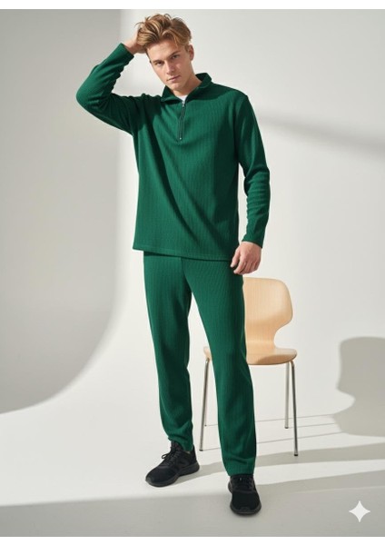 Unisex Fitilli Gömlek Yaka Fermuarlı Cepli Beli Lastikli Triko Alt Üst Takım