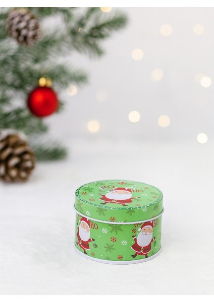 Yılbaşı Temalı Mini Yuvarlak Teneke Kutu Noel Baba Desenli Yeşil 5 cm