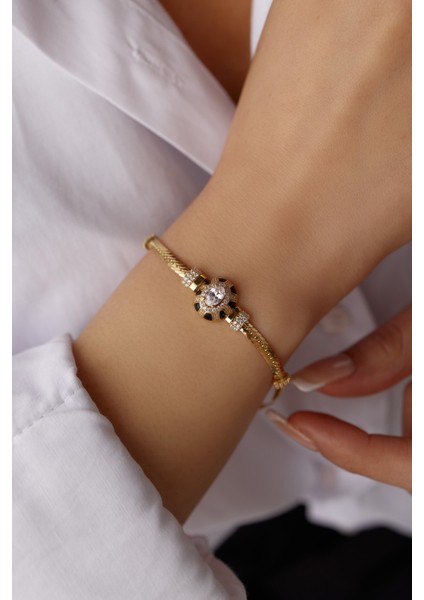 14 Ayar Altın Snake Zincir Siyah Oval Baget Bileklik