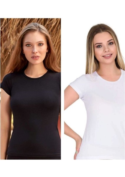 Berrak 2'li (Siyah ve Beyaz Renkler) Bisiklet Yaka Kısa Kollu Pamuklu ve Likralı Kdın Kısa Kollu Atlet