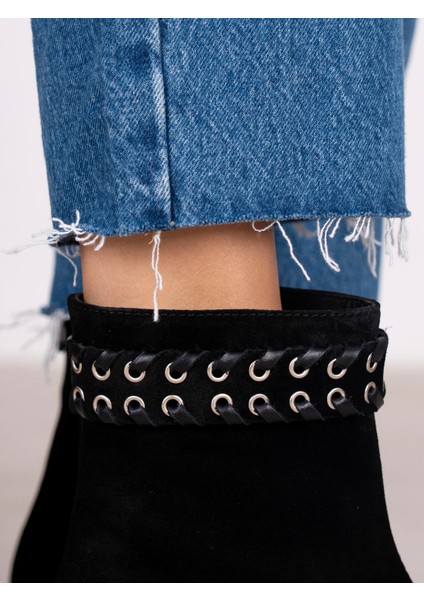 Kora Siyah Süet Hakiki Deri Kadın Bot