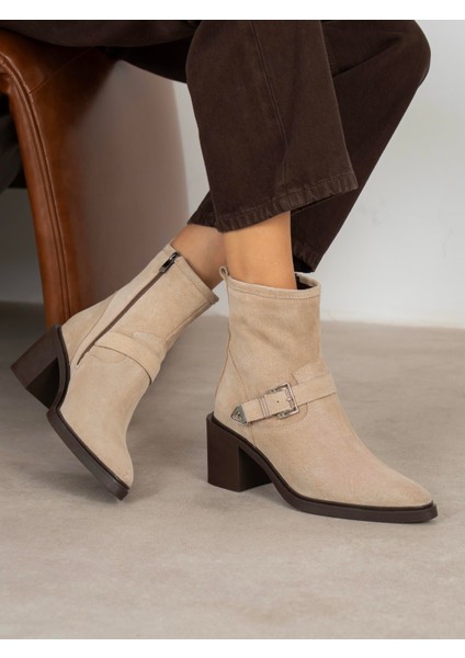 Pulina Bej Süet Hakiki Deri Kadın Bot