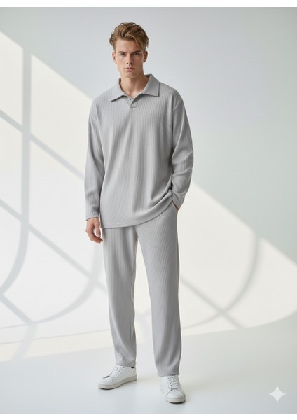 Unisex Fitilli Gömlek Yaka Uzun Kol Cepli Beli Lastikli 2'li Takım