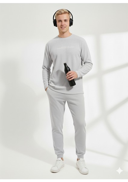 Unısex Fitilli Bisiklet Yaka Uzun Kollu Baskılı 2'li Takım