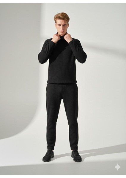 Unisex Fitilli Gömlek Yaka Fermuarlı Cepli Beli Lastikli Triko Alt Üst Takım