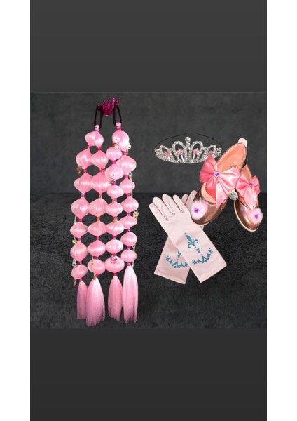 Prenses Baribiii Bubble Saç Peruk Toka Pembe Eldiven Taç Pembe Tasarım Babet Ayakkabı Seti Doğumgünü