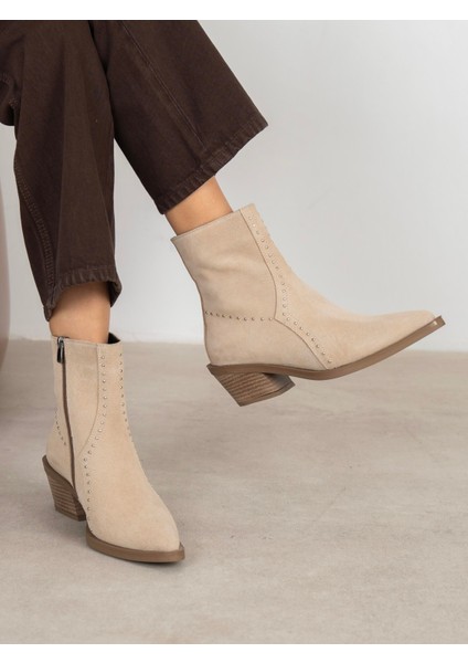 Ruxan Bej Süet Hakiki Deri Kadın Bot