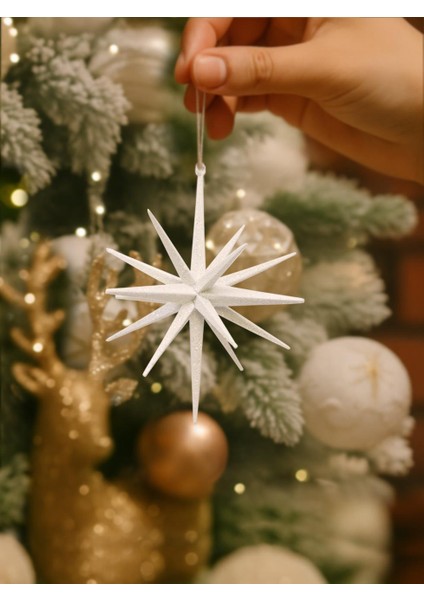 Yılbaşı Ağaç Süsü 3D Simli Kutup Yıldızı Asılabilir Dekoratif Süs Beyaz 14 cm